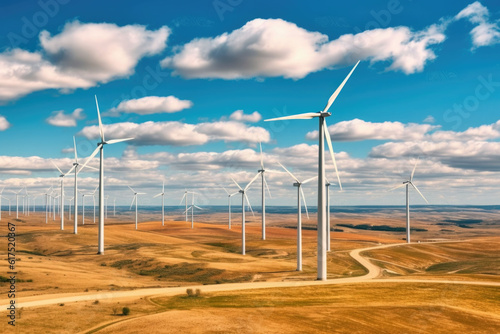 Panoramic view of wind farm or wind park, with high wind turbines. Generative AI