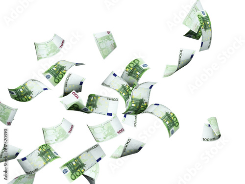 Flying banknotes of hundred euro. Isolated on white background. 3d render
