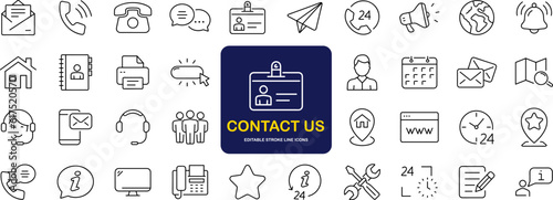 Contact us set of web icons in line style. Social Media network icons for web and mobile app. Customer service. Contact support sign and symbols. Call us, support, email, message, phone, info