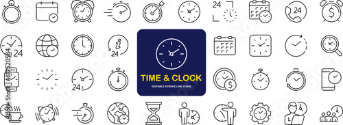 Time and Clock set of web icons in line style. Time management. Timer, Speed, Date, Countdown, Alarm, Recovery, Time, clock, watch, calendar simple icons for web and mobile app. Vector illustration
