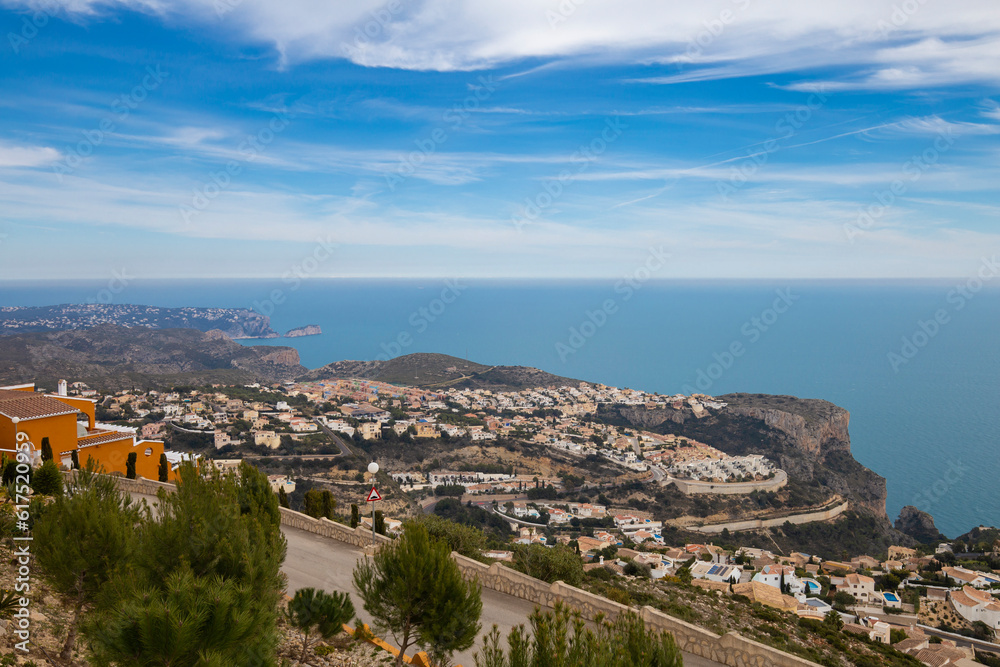 Panoramic view of Cumbre del Sol in Spain, villas on the hills and the sea