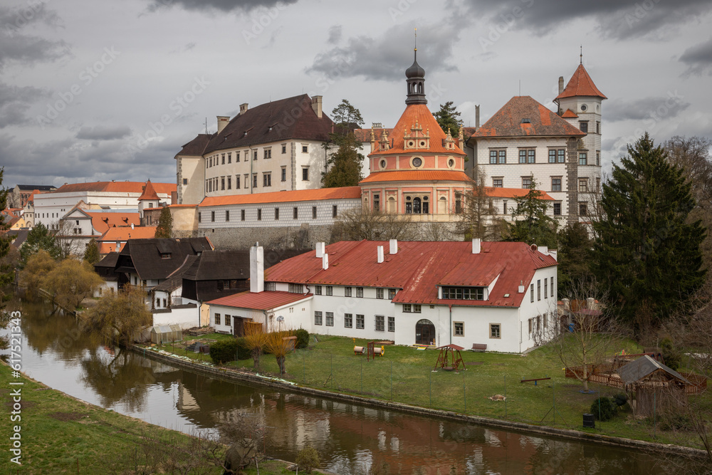 View of the castle in the center of Jindřichův Hradec on a cloudy spring day