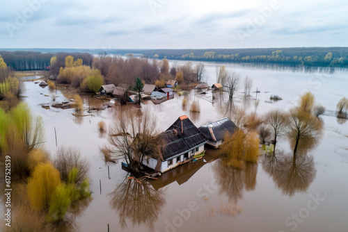 Aerial view of the flooded village in autumn. Flooded house. Generative AI photo