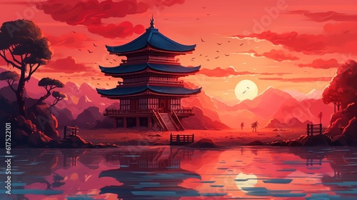 At sunset, see Japanese temple. (Illustration, Generative AI)