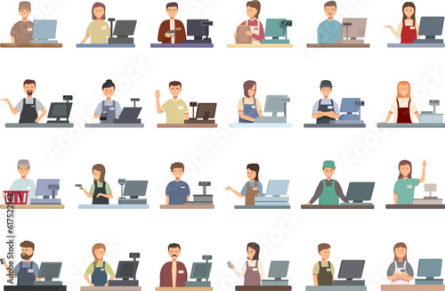 Salesperson icons set cartoon vector. Seller shop. Counter man