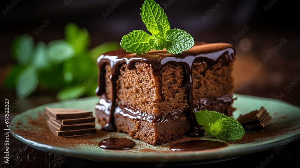 delicious piece of chocolate cake with mint leaf delicious piece of chocolate cake with mint leaf