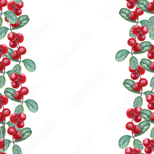 Seamless border of ripe, juicy cowberries isolated on transparent background. Watercolor illustration of red berries with green leaves, space for text.