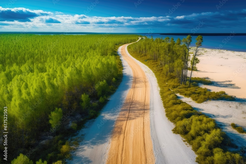 aerial perspective of a dirt road cutting through a rural landscape. Generative AI