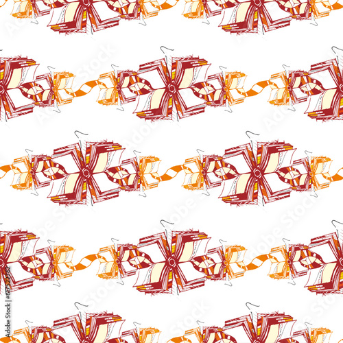 Colorful many book hand-drawn orange, red illustration on white background seamless repeat vector pattern. Poetry, read a book day. World Book Day. Education concept. Knowledge day. Back to school