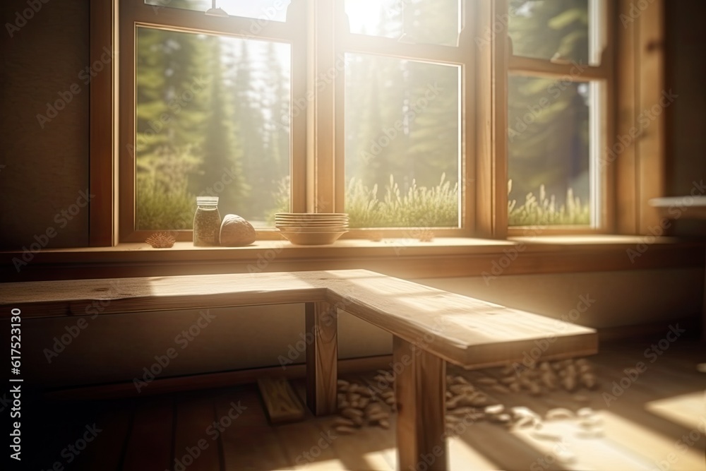 Fototapeta premium cozy wooden bench in front of a window with a view