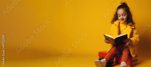 Happy girl with book sitting on the books on the yellow background. Banner with copy space on the left