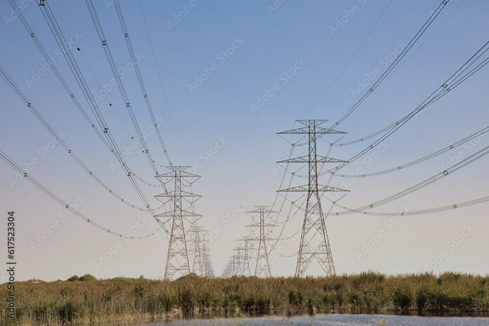 High Power Electric transmission grid lines in the desert.Dammam -Saudi Arabia.