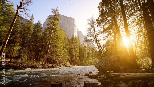 The Merced River as it runs through Yosemite National Park in California. El Capitan can be seen in the background.