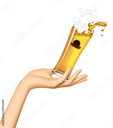 Female hand palm up holding a glass with splashing beer isolated on white. Vector illustration