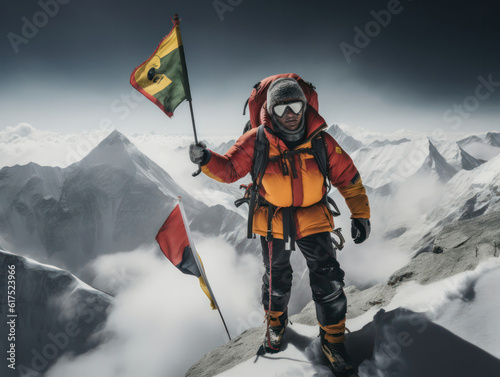 A climber on an Everest expedition triumphantly reaches the summit, holding their country's flag and beaming with pride, surrounded by a stunning mountainous backdrop