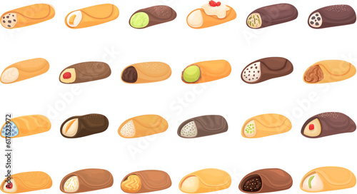 Cannoli icons set cartoon vector. Cream food. Cake cheese