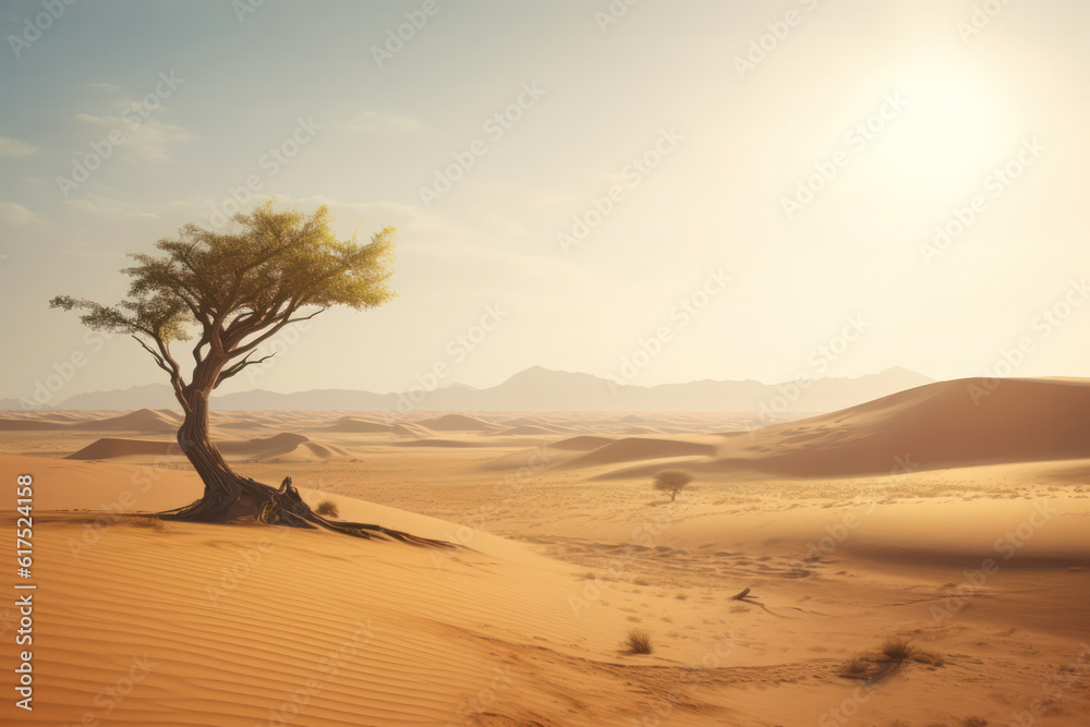 A hyperrealistic capture of a solitary tree in a parched desert landscape, with cracked earth and a blazing sun, portraying the harshness and beauty of arid environments, in hyperrealistic 8k detail