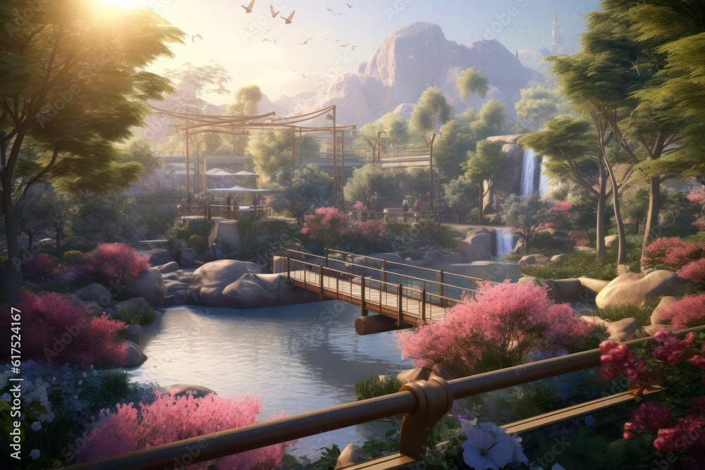 A hyperrealistic portrayal of a tranquil garden with blooming flowers and a gently flowing stream, evoking a sense of peace and serenity, in hyperrealistic 8k detail