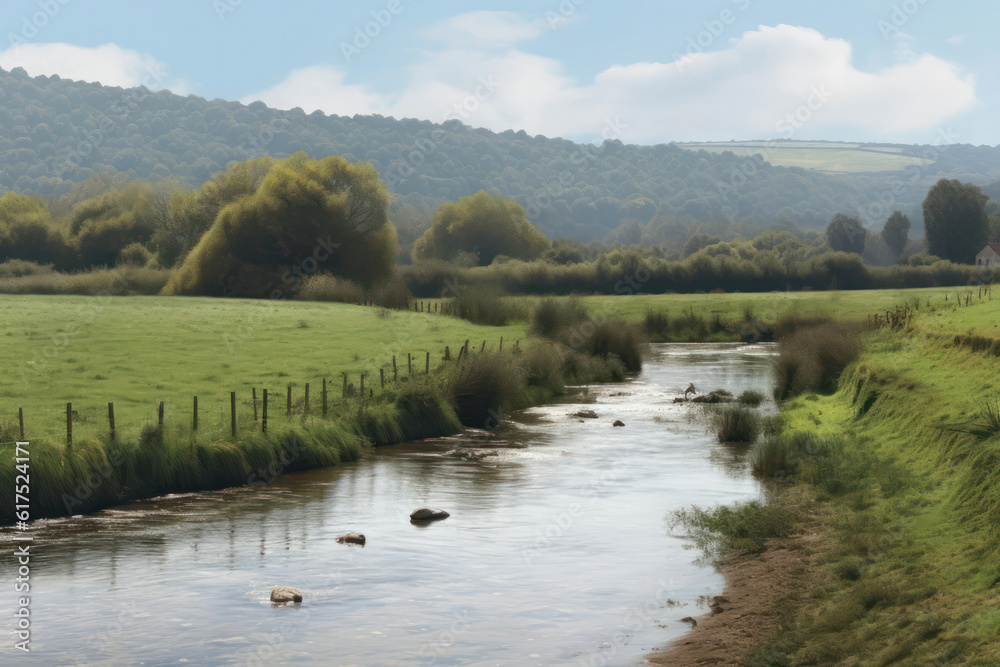 A hyperrealistic representation of a peaceful countryside with rolling hills and a winding river, showcasing the beauty of untouched nature and tranquility, in hyperrealistic 8k detail
