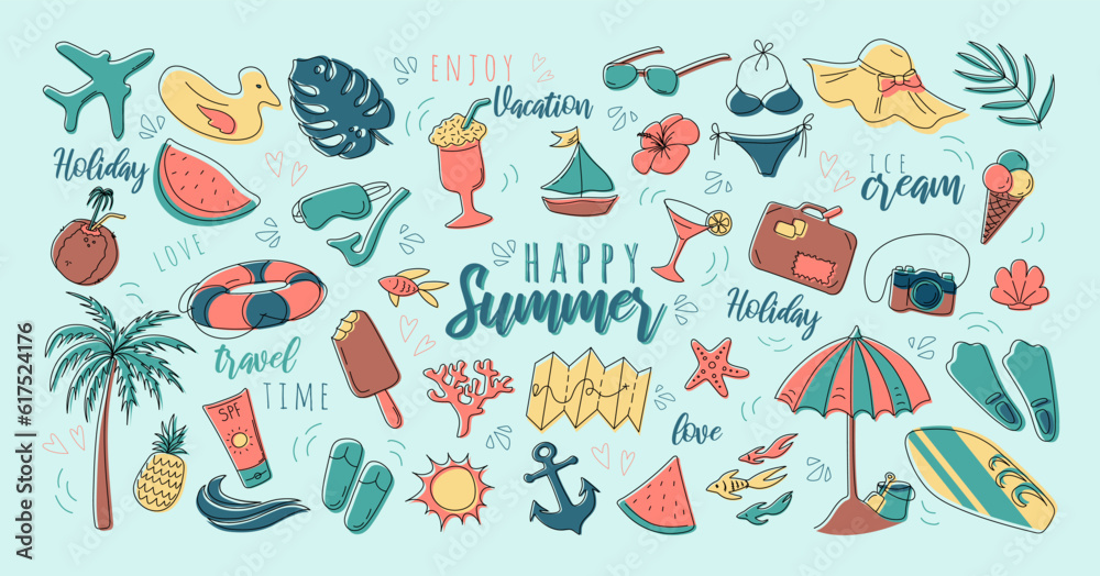 Vector summer set. Accessories for beach holidays by the sea. Flat design Illustration for ads, web, flyers, and banners. Set of cartoon icons. Summer fruits, food, transport and clother.	