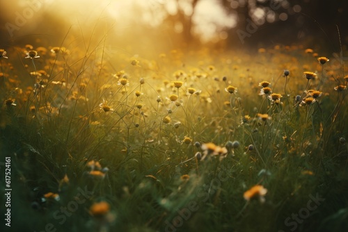 meadow with flowers, Enchanting Realms: A Captivating Photograph of a Green Grassy Field with Small Flowers, Radiating Serene Visuals in Light Yellow and Light Amber