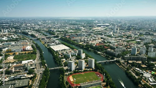 Aerial view of Saint-Denis involving the Seine River and famous Stade de France stadium to the north of Paris, France photo