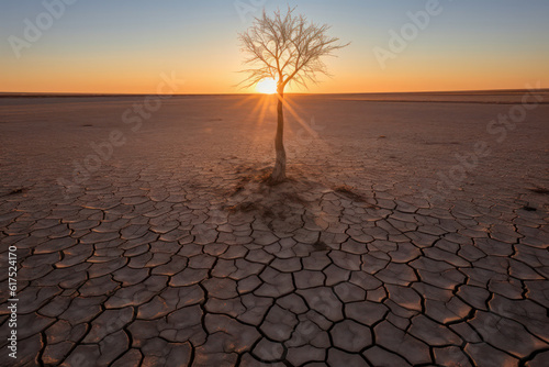 A hyperrealistic capture of a solitary tree in a parched desert landscape, with cracked earth and a blazing sun, portraying the harshness and beauty of arid environments, in hyperrealistic 8k detail