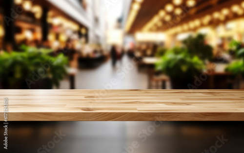  You may montage or show your items on an empty wooden table in front of a blurry background in a mall atrium. design template for the product display. wooden platform platform with nothing on it