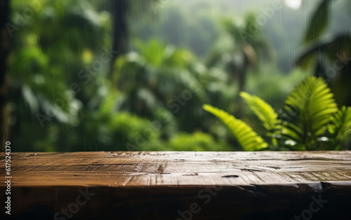 bare wooden table in the tropical rain jungle  with a hazy background  product presentation display or dais