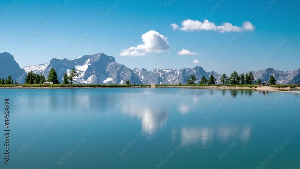 Zeitraffer vom Schafkogelsee im Sommer mit Spiegelung im Wasser und Berglandschaft im Hintergrund