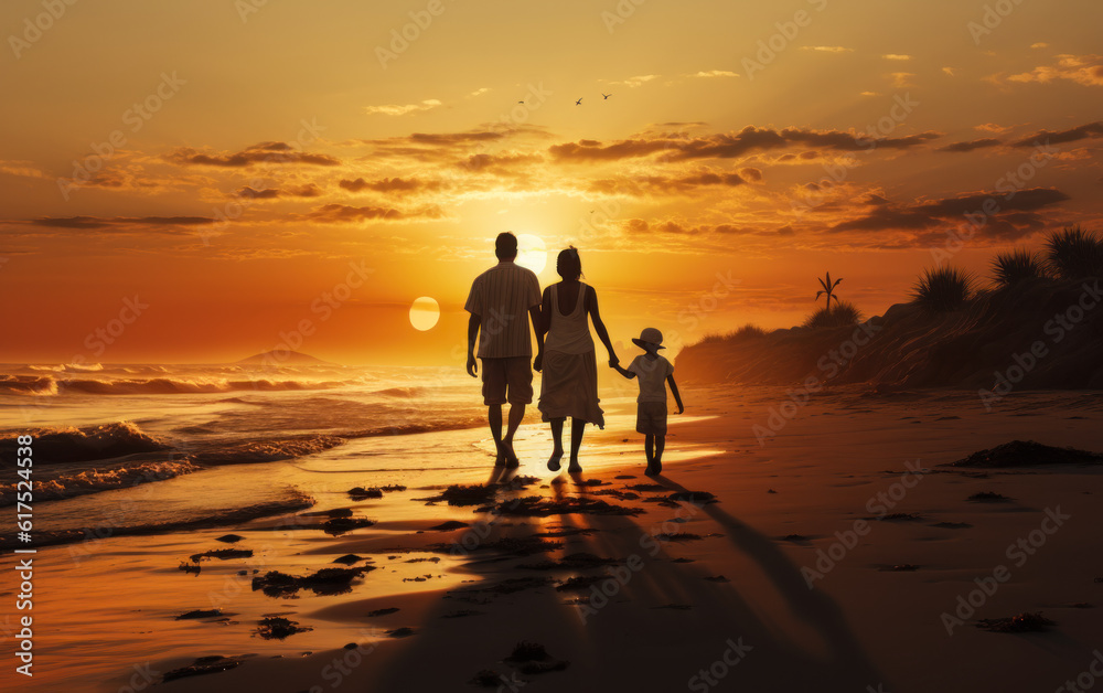 Couple and child strolling on the beach, happy family concept