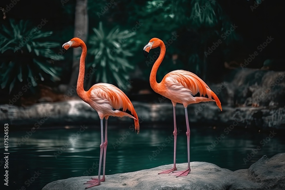 Illustration of two elegant flamingos perched on a rocky shoreline by a tranquil body of water
