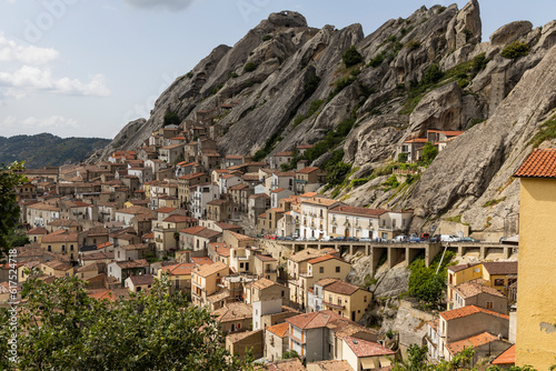 View of Pietrapertosa and Castelmezzano. Two beautiful villages built on the Lucanian Dolomites in Italy. Connected by a zipline that crosses the valley adrenaline-pumping experience. Day and sunset.