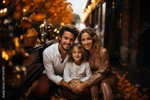 Portrait of a family with father, mother and child in autumn