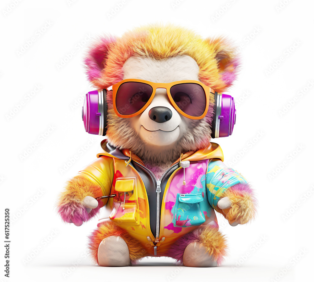 colorful cartoon character baby bear wearing sunglasses and headphones
