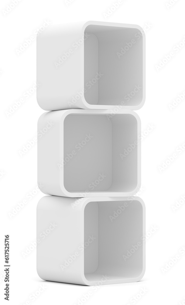 Empty white rounded showcase. Isolated on white. Mock-up. Template shelves. 3D rendering Empty white rounded showcase. Isolated on white. Mock-up. Template shelves. 3D rendering