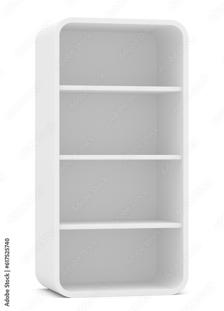 Empty rounded retail shelves. Front view. Template. 3D Illustration, Isolated on white Empty rounded retail shelves. Front view. Template. 3D Illustration, Isolated on white