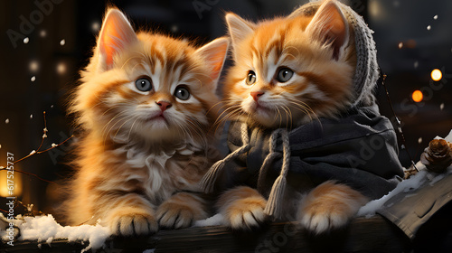 Two cute little kittens in winter clothes on a dark background with snow AI generated
