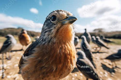 Bird taking a selfie photo with a group of birds in the background. Generative AI.