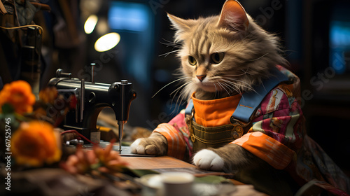 Cute cat with a sewing machine on the background of a workshop Ai generated