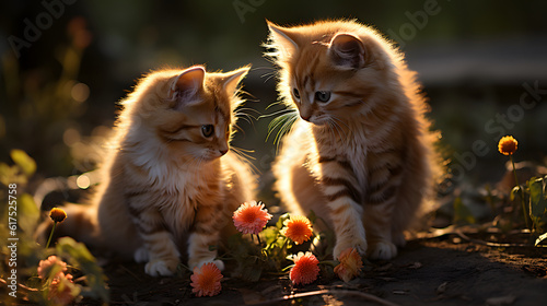 Two red kittens playing with dandelions in the garden at sunset Generated Ai