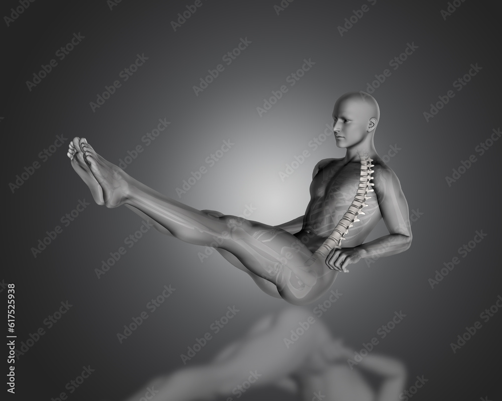 3D render of a medical figure in sit up position with partial skeleton 3D render of a medical figure in sit up position with partial skeleton