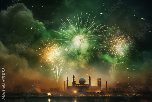 Beautiful fireworks in the night sky with mosque, Pakistan day AI-Generated
