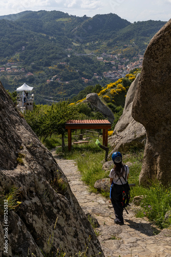Flight of the angel, Pietrapertosa, Italy. Village nestled in the Lucanian Dolomites in Italy. Surrounded by rocks near Castelmezzano. The zipline flies between these peaks over a stunning panorama.