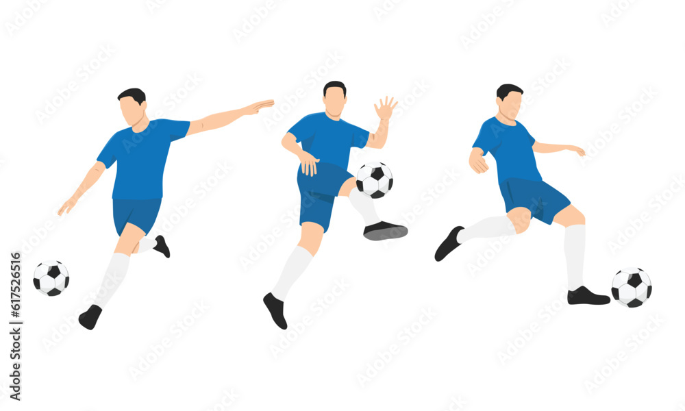 Man soccer player or football player doing different variation. Flat vector illustration isolated on white background