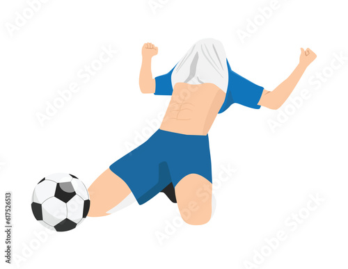 Man soccer player celebrating victory. Flat vector illustration isolated on white background