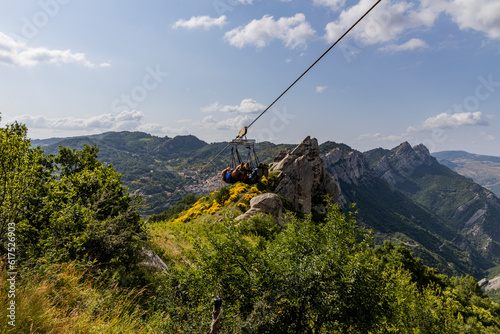 Flight of the angel, Pietrapertosa, Italy. Village nestled in the Lucanian Dolomites in Italy. Surrounded by rocks near Castelmezzano. The zipline flies between these peaks over a stunning panorama.