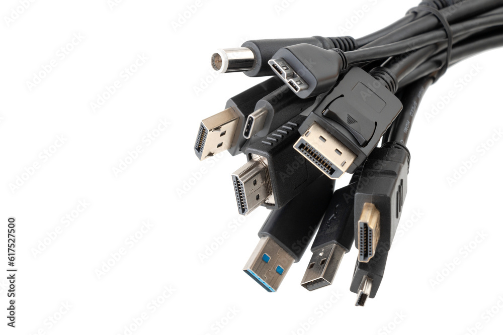 Various Plugs and Jacks with USB, HDMI, DisplayPort, Sound and other Connectors isolated on white background Various Plugs and Jacks with USB, HDMI, DisplayPort, Sound and other Connectors isolated on white background