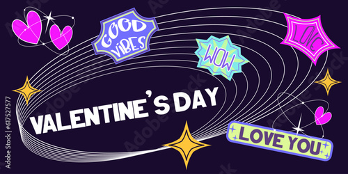 Y2K template background for valentines day with stickers. 90s retro design with stickers. Trendy aesthetic background geometric. Flat vector illustration