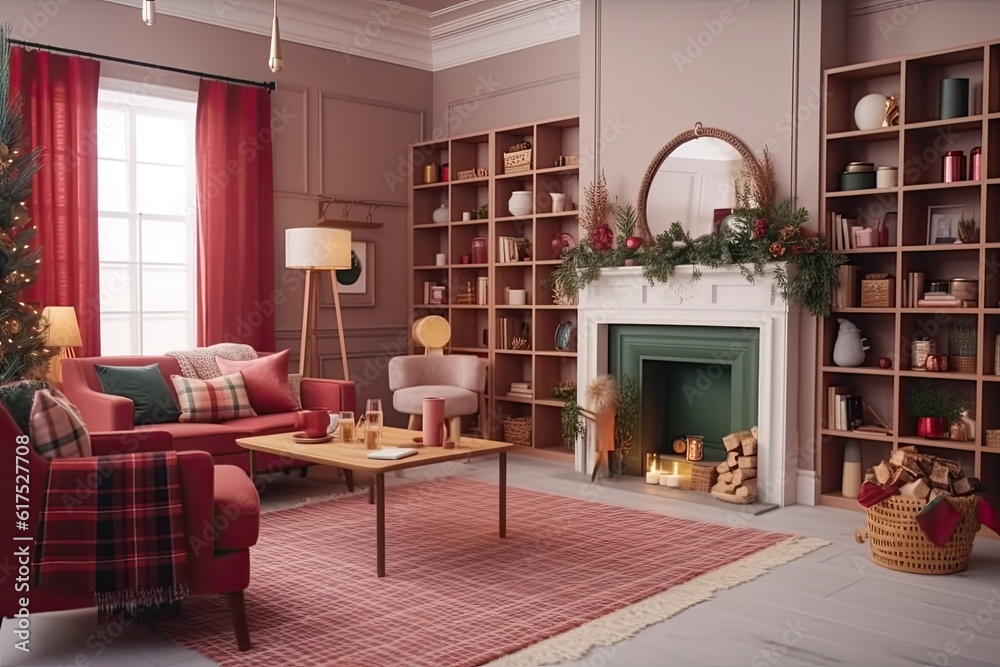 cozy living room decorated for Christmas with a festive tree and furniture